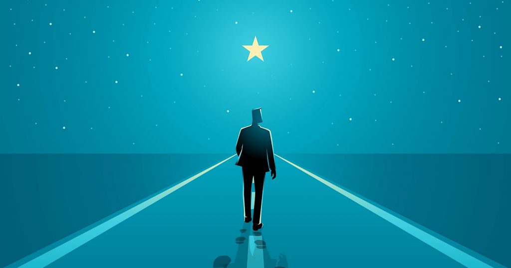 Man walks on the boundless road to the bright star, success journey, long journey starts with one step
